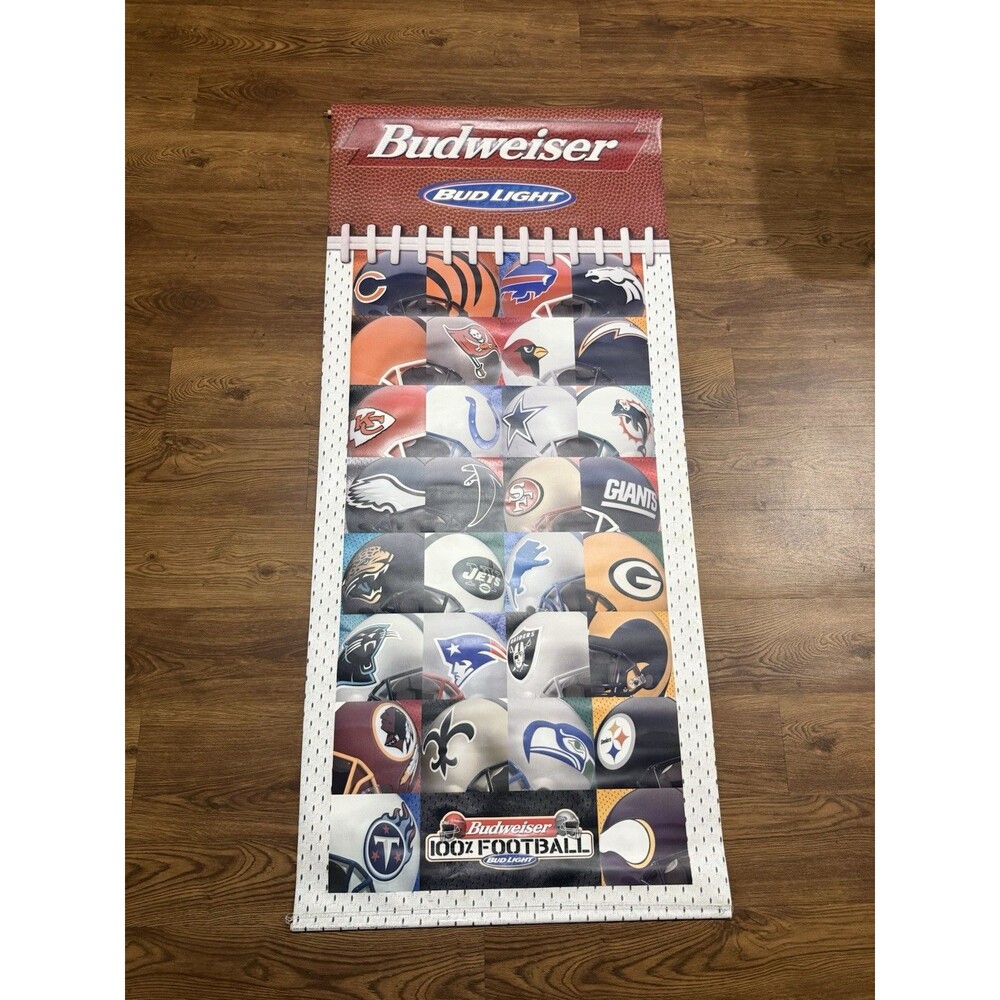 Budweiser 100% Football Vinyl Banner 1999 NFL Team Helmets, 72"x31"  w/Doll Rods